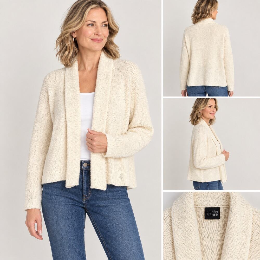 Eileen Fisher Wool Mohair Cardigan Sweater Large Ivory Cream Open Front Shawl